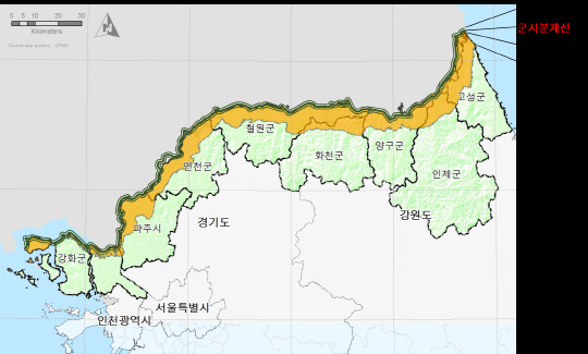 민통선 이북지역으로 불리는 '민북지역'이 산림유전자원보호구역으로 추가 지정돼 산림 통합관리체계 를 마련하게 된다. 사진은 인천, 경기, 강원 등 12개 시·도에 걸쳐 있는 민북지역의 지형도.